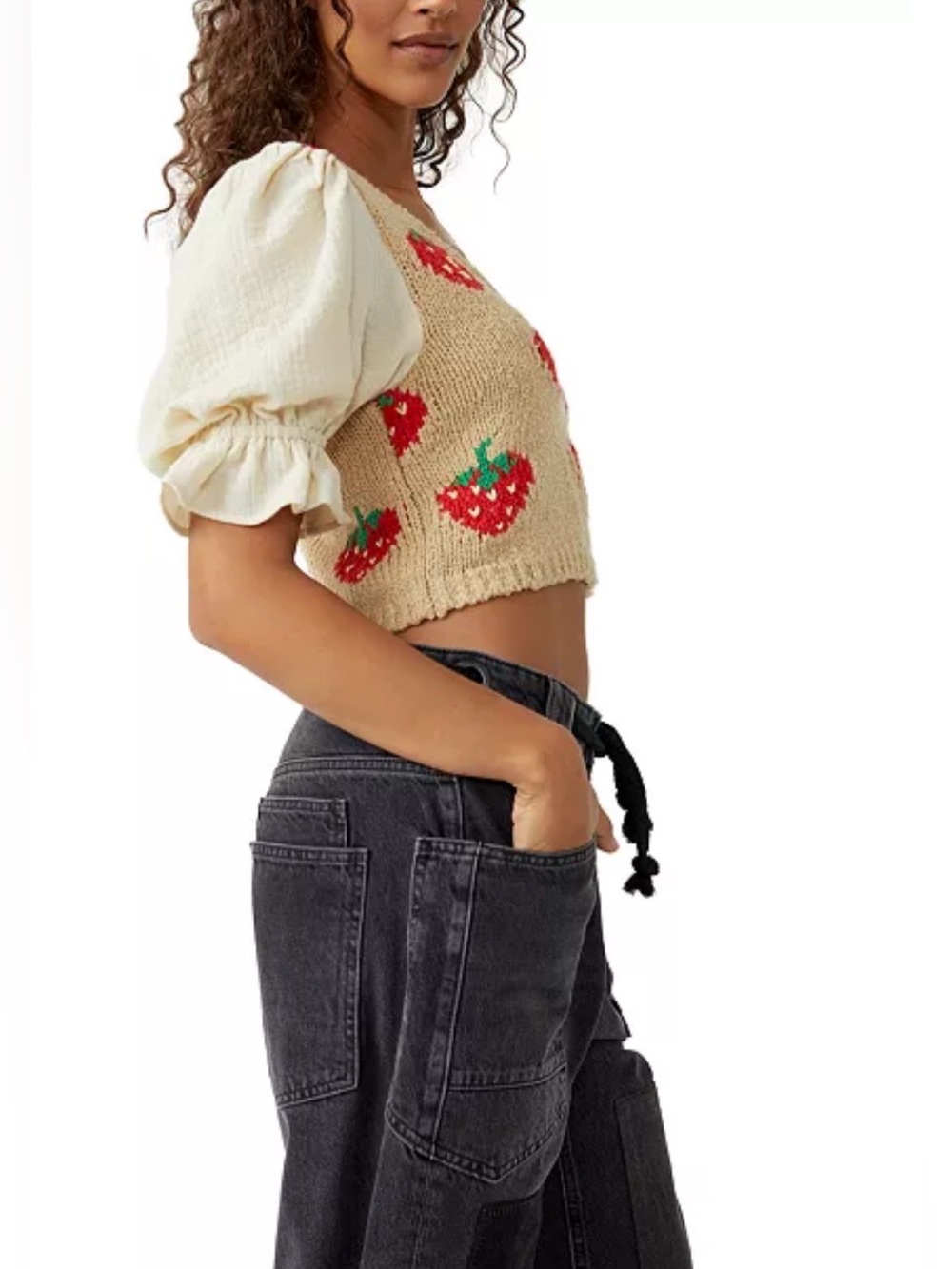FREE PEOPLE Strawberry Jam Crop Top XS Puff Sleeve Knit Boho - Picture 7 of 16
